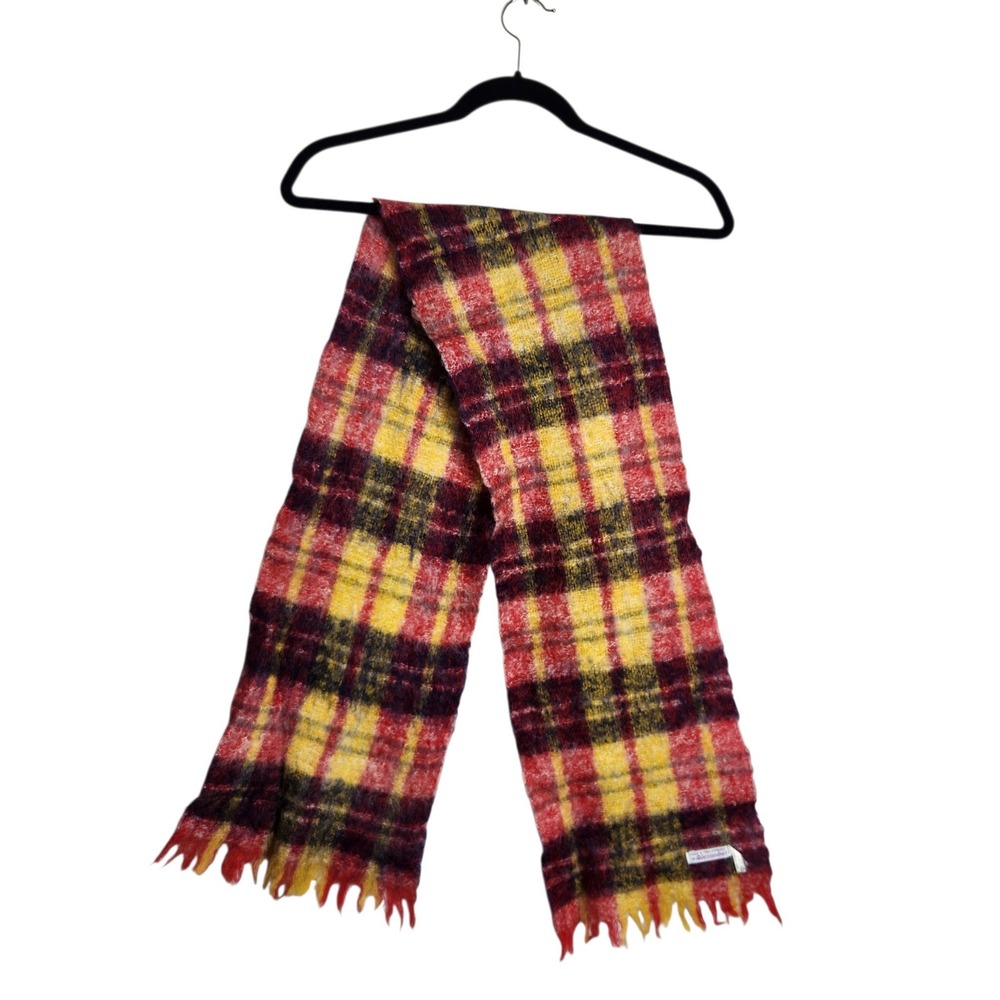 Alexander's Italy Wool Blend Plaid Scarf Red Yellow Fringed Mohair Style Vintage